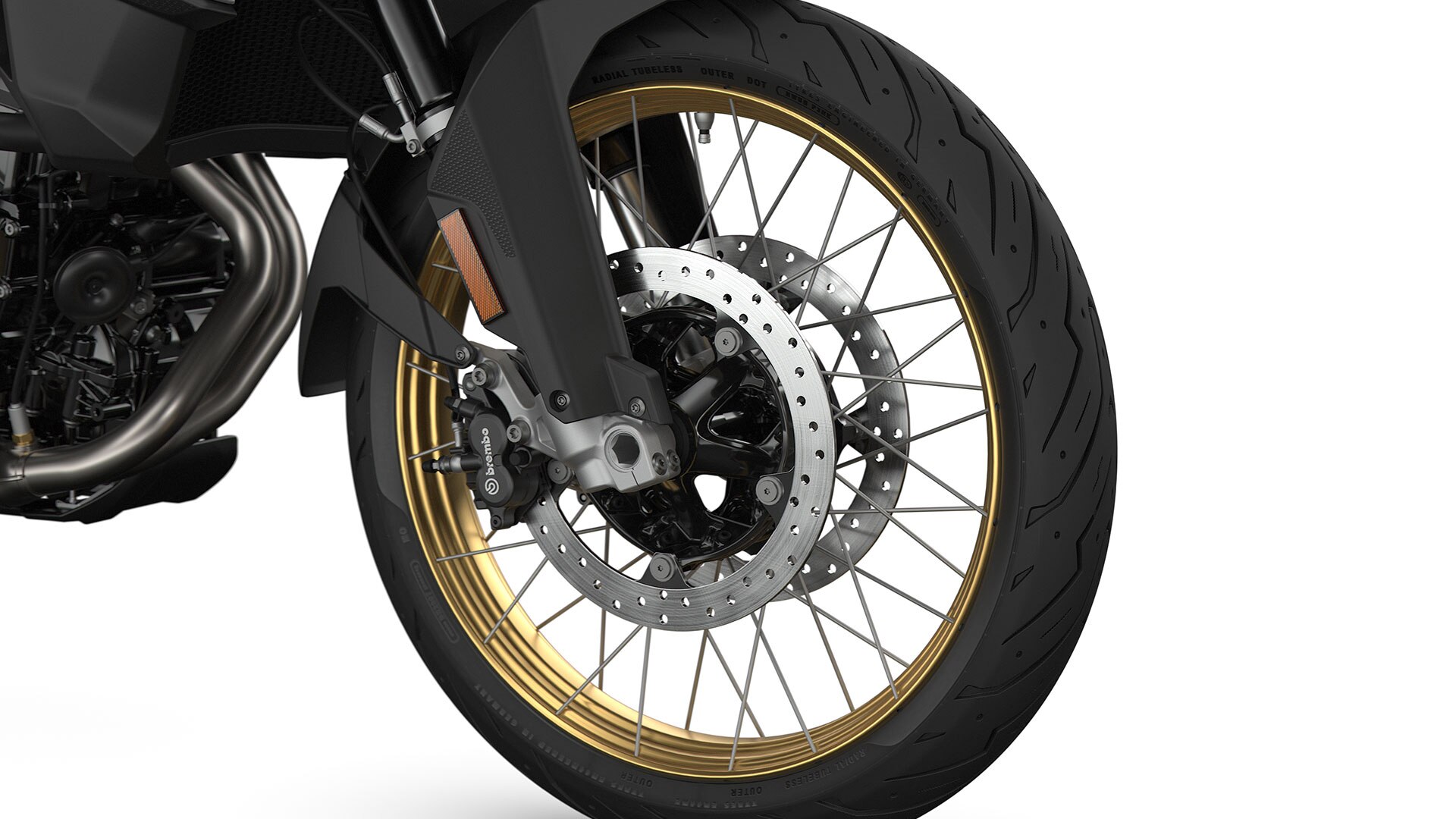 We see the rims in anodized gold.