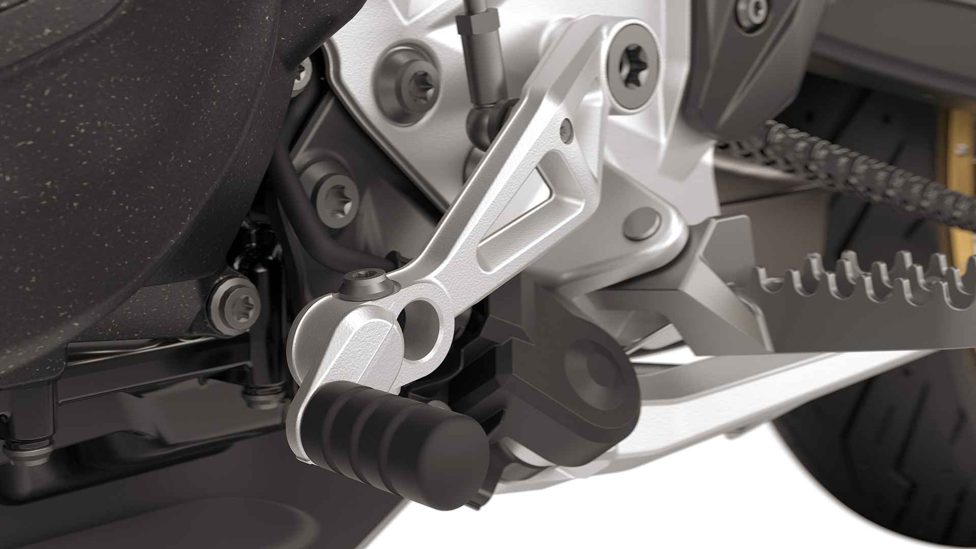 The adjustable gearshift and brake lever comes standard with the F 900 GS from BMW Motrorrad