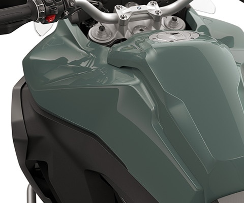 The side panels of the F 900 GS Adventure from BMW Motorrad with a large 6 gallon tank