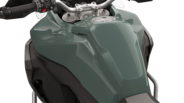 The side panels of the F 900 GS Adventure from BMW Motorrad with a large 6 gallon tank
