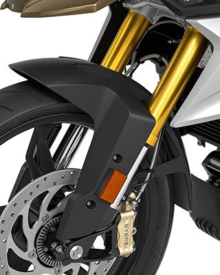 We see the gold anodized inverted fork of the G 310 GS.