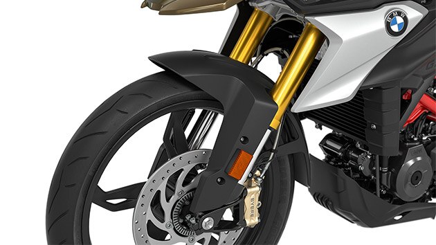 We see the gold anodized inverted fork of the G 310 GS.