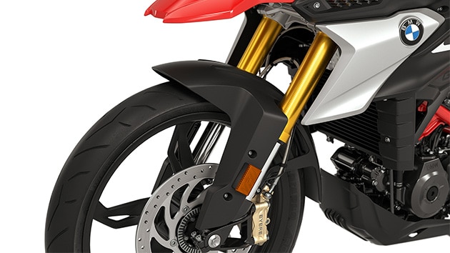 We see the gold anodized inverted fork of the G 310 GS.