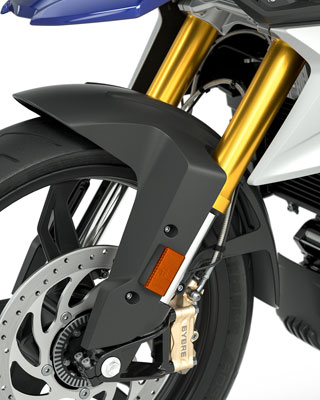 We see the gold anodized inverted fork of the G 310 GS.