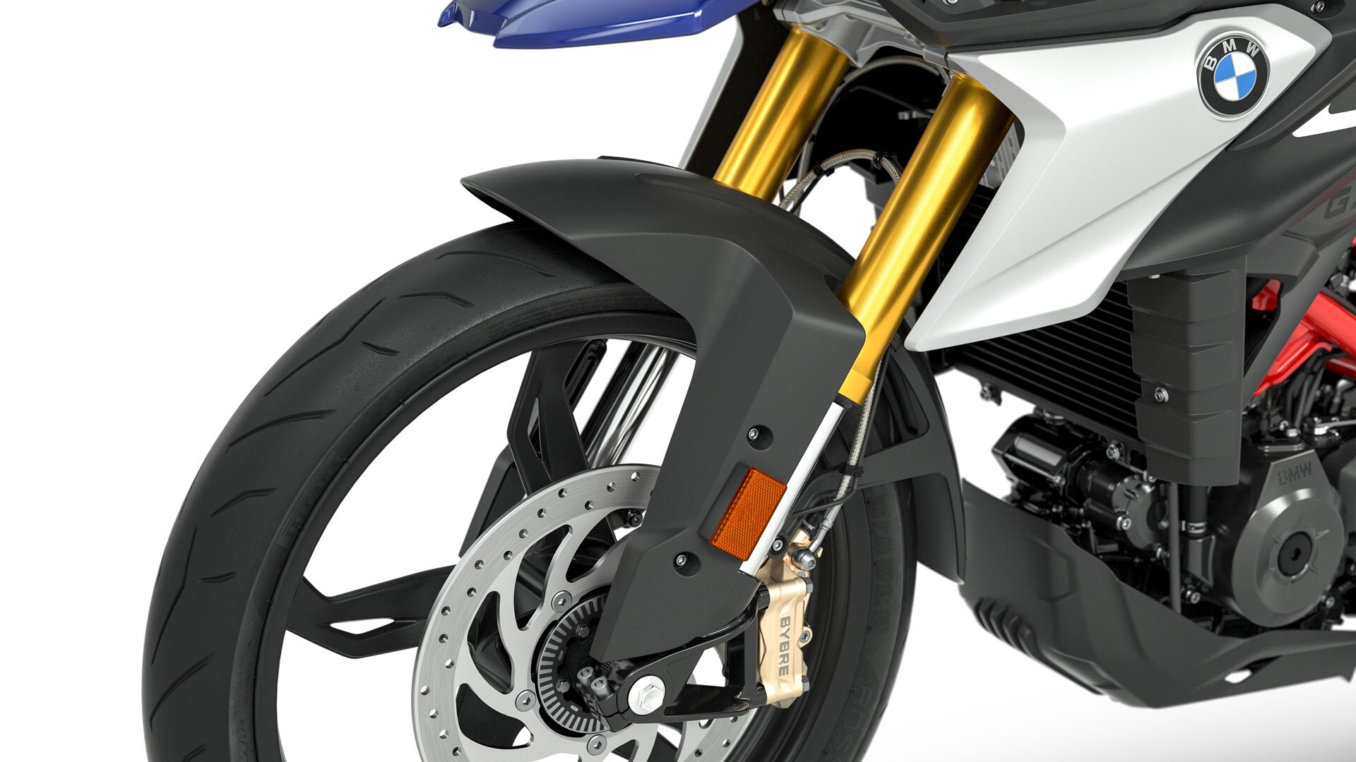 We see the gold anodized inverted fork of the G 310 GS.