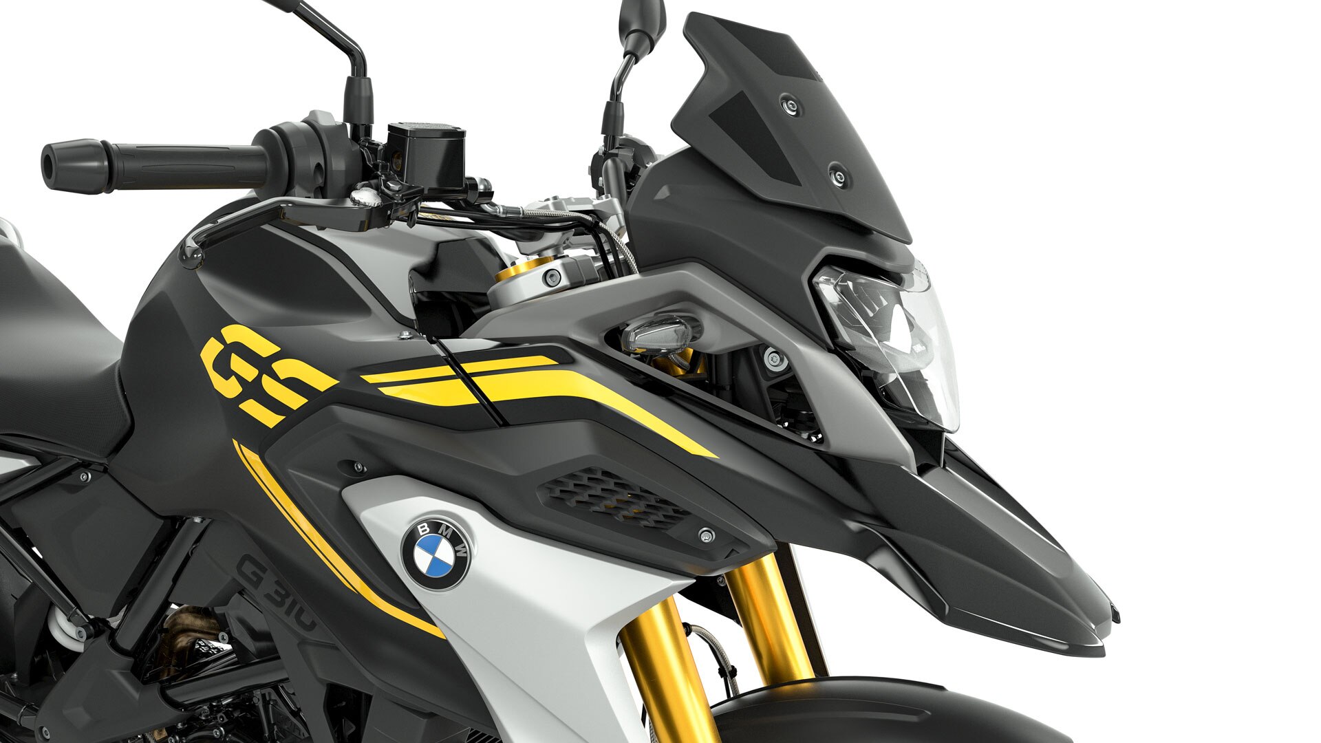 We see the side view of the front of the G 310 GS with a focus on the black tinted windscreen.. European Model Shown.