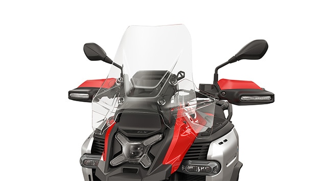 High windscreen/hand protector with integral turn signal as standard