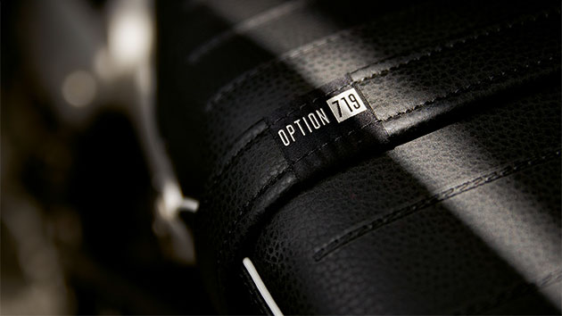 Detail shot of the seat bench with Option 719 label and white edge stripping.
