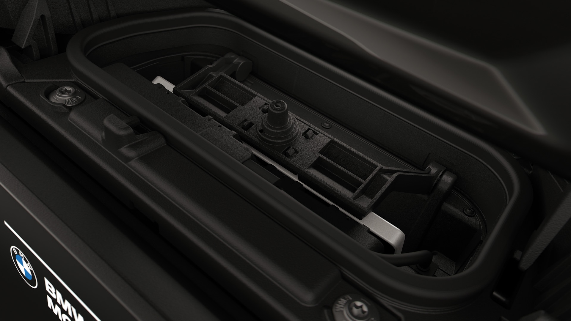 Integrated storage compartment with mobile phone.