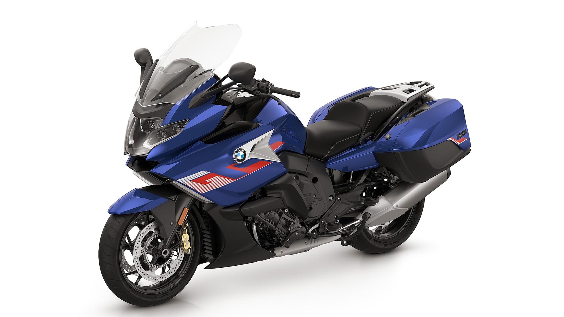 K 1600 GT in Light White/Racing Blue Metallic/Racing Red.