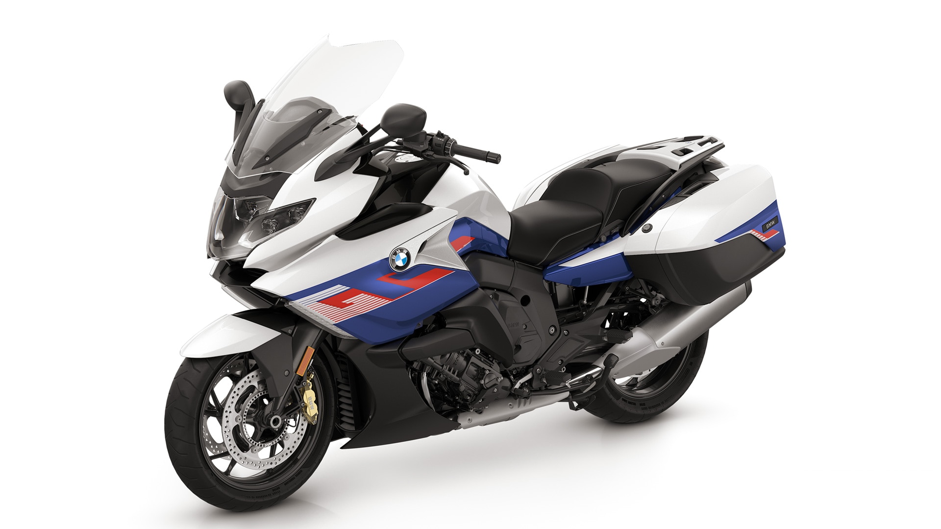 K 1600 GT in Light White/Racing Blue Metallic/Racing Red.