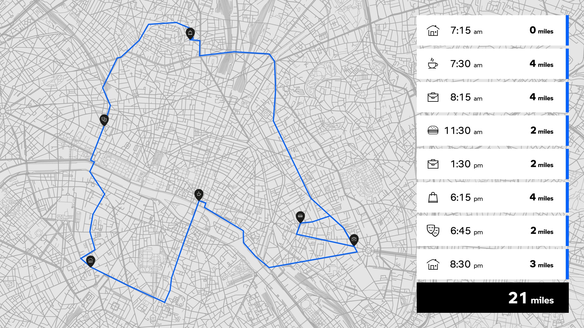 Route illustration on map with information about stops and final distance travelled.